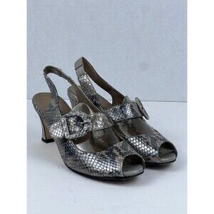 ANYI LU Tulip Slingback Pumps Open Toe Silver Gray Leather Snake Buckle Size 38